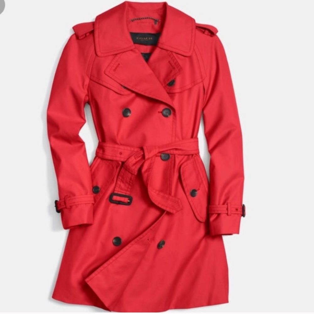 Coach Trench Coat Tie Red Mid Length